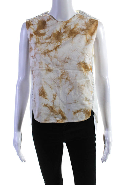 3.1 Phillip Lim Womens Crew Neck Stitched Trim Abstract Top White Brown Size 2