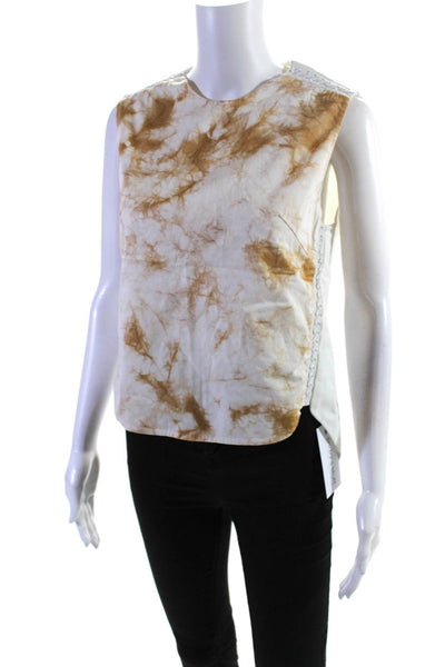 3.1 Phillip Lim Womens Crew Neck Stitched Trim Abstract Top White Brown Size 2