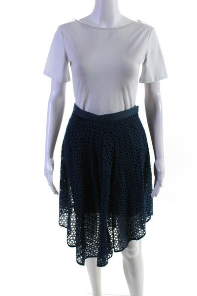 Tibi Womens Side Zip Eyelet Overlay Knee Length A Line Skirt Blue Size 0