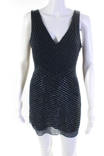 Parker Womens Embroidered Beaded Striped Back Keyhole Zip Dress Navy Size S