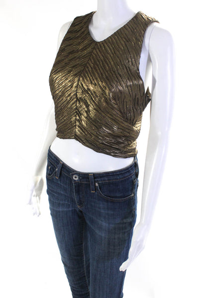 Ronny Kobo Womens Pleated Zipped Metallic Sleeveless Cropped Top Gold Size M