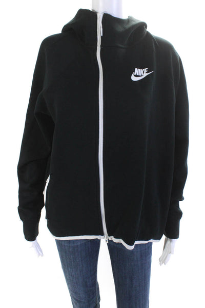 Nike Womens Full Zip Hooded Knit Jacket Black White Cotton Size Medium