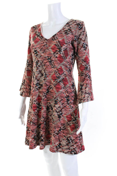 Maeve Anthropologie Womens 3/4 Sleeve V Neck Knit Dress Pink Multi Size XS