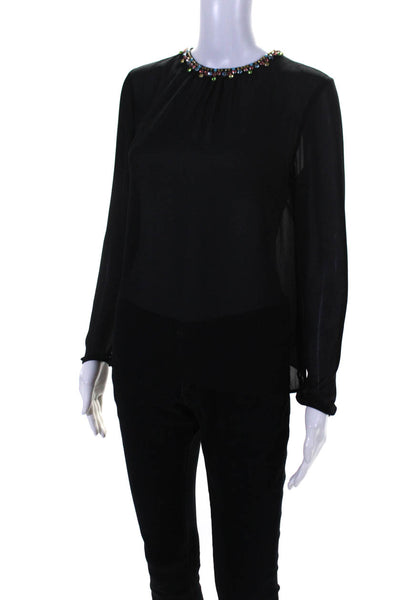 RED Valentino Women's Round Neck Beaded Long Sleeves Sheer Blouse Black Size S