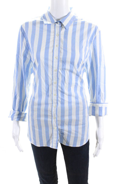 The Shirt Womens Cotton Striped Print Button Up Boyfriend Top Blue White Size L