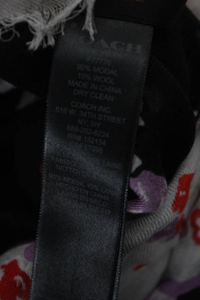 Coach Womens Fringe Trim Floral Printed Lightweight Knit Scarf Black Gray Purple