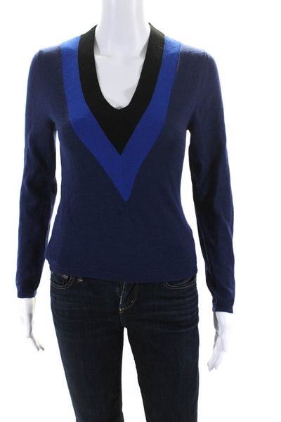 Aquazzura Womens Long Sleeve V Neck Striped Trim Sweater Navy Blue Wool Size XS
