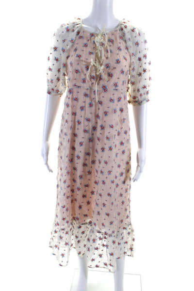 Capulet Womens Short Sleeve Sheer Floral Embroidered Shift Dress White Pink XS