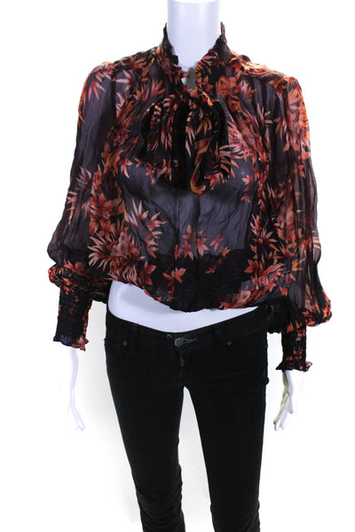 Warm Womens Floral Print Long Sleeves Blouse Purple Orange Size Small