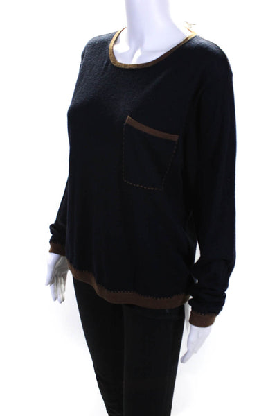 Max Mara Womens Long Sleeves Crew Neck Sweater Navy Blue Brown Size Small