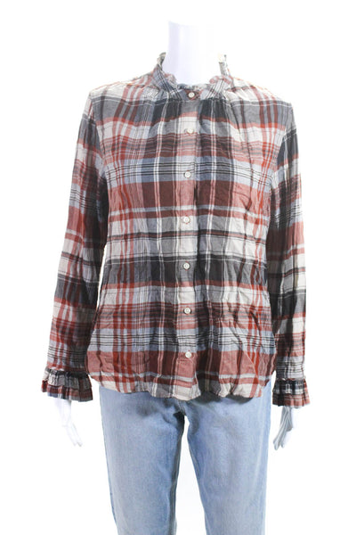 Trovata Womens Cotton Plaid Button Up Long Sleeve Blouse Top Red Blue Size M