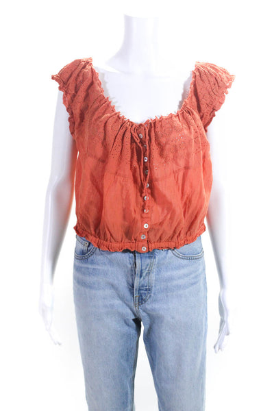 Free People Womens Cotton Eyelet Button Front Crop Blouse Top Orange Size L