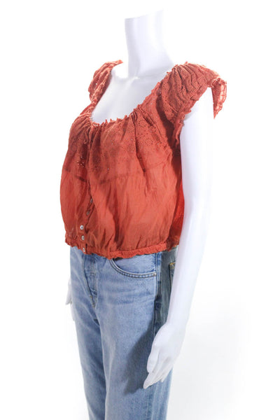 Free People Womens Cotton Eyelet Button Front Crop Blouse Top Orange Size L