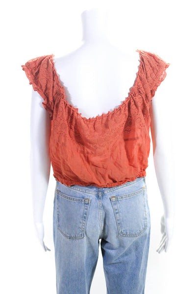 Free People Womens Cotton Eyelet Button Front Crop Blouse Top Orange Size L