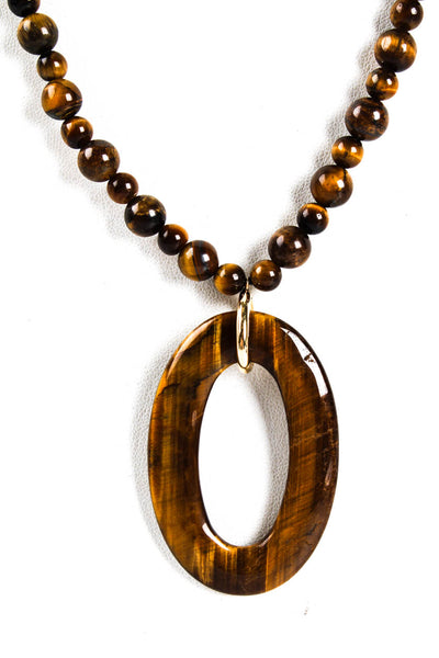 Designer Womens Tiger Eye Beaded Oval Pendant Necklace 20"