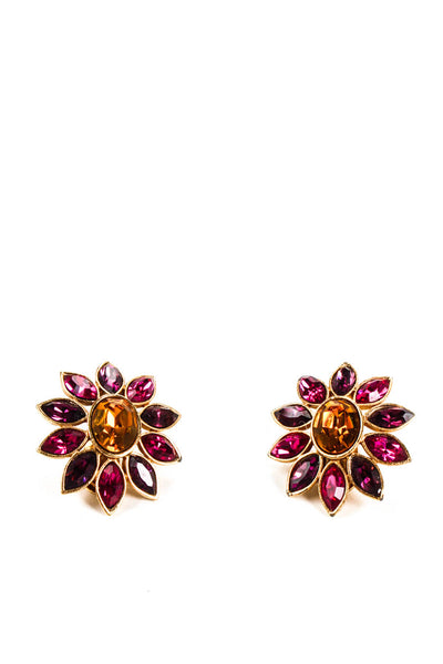 Yves Saint Laurent Womens Gold Tone Fuschia Floral Crystals Clip On Earrings