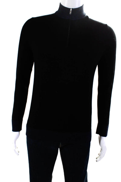 Theory Mens Mock Neck Quarter Zip Pullover Sweater Jacket Black Blue Wool Small