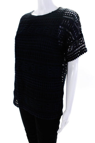 Vince Women's Short Sleeve Embroidered Lace Crewneck Blouse Navy Size XXS