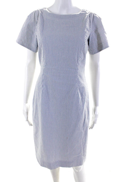 J Crew Women's Short Sleeve Mid Length Striped Sheath Dress White Blue Size 2