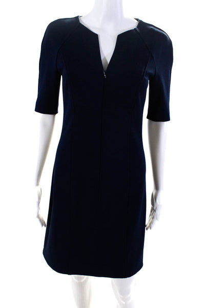 Trina Trina Turk Women's Short Sleeve Zip Front V Neck Sheath Dress Navy Size 2