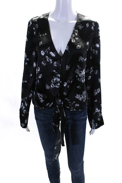 Cami NYC Womens Silk V Neck Floral Buttoned Tied Front Blouse Black White Size M