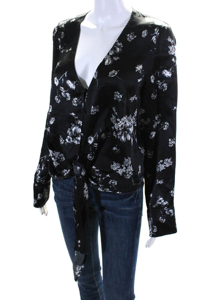 Cami NYC Womens Silk V Neck Floral Buttoned Tied Front Blouse Black White Size M