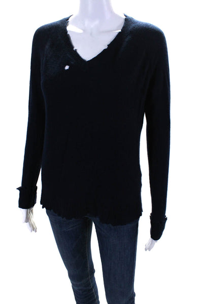 Minnie Rose Women's V-Neck Long Sleeves Distress Sweater Navy Blue Size S