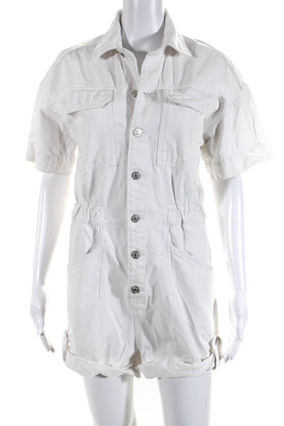 We The Free Womens Denim Elastic Buttoned Short Sleeved Romper White Size XS