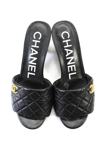 Chanel Women's Rev Open Toe Monogram Embellish Quilted Black Sandals Size 5