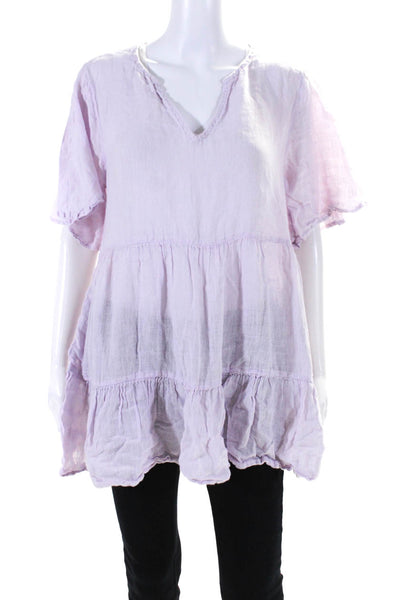 Joie Womens Linen Tiered A-Line Short Sleeve V-Neck Pullover Blouse Pink Size M