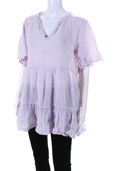 Joie Womens Linen Tiered A-Line Short Sleeve V-Neck Pullover Blouse Pink Size M