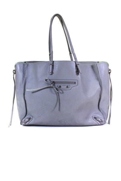 Balenciaga Grained Leather Zipper Sides Double Strap Tote Shoulder Handbag Gray