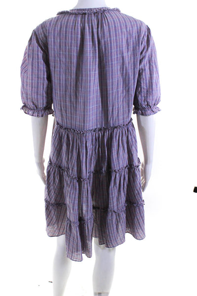 Cinq à Sept Womens Cotton Plaid Print Ruffled Trim A-Line Dress Purple Size 4