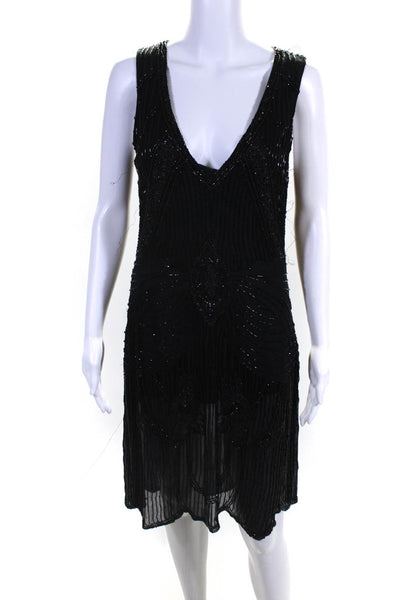 Loyd/ford Womens Silk Beaded V Neck Sleeveless A Line Dress Black Size Small