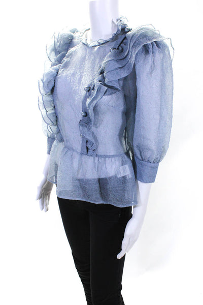 Custommade Womens Dusty Blue Textured Sheer Ruffle 3/4 Sleeve Blouse Top Size M