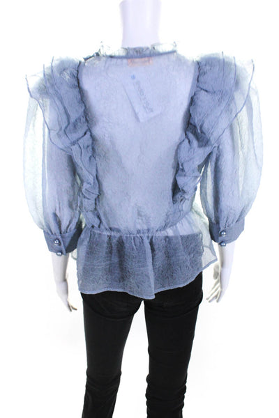 Custommade Womens Dusty Blue Textured Sheer Ruffle 3/4 Sleeve Blouse Top Size M