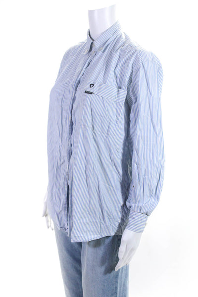 Escada Women's Collar Long Sleeves Button Down Shirt Blue Stripe Size 34