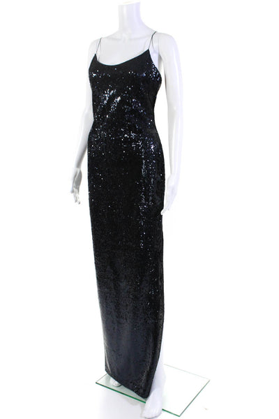 Likely Womens Sequined Spaghetti Strap Side Slit Long Gown Navy Blue Size 6