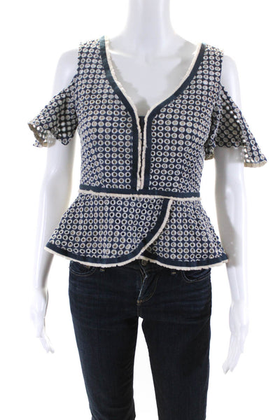 Nanette Lepore Womens Blue Cotton Cut Out Zip Back Short Sleeve Blouse Top Size6