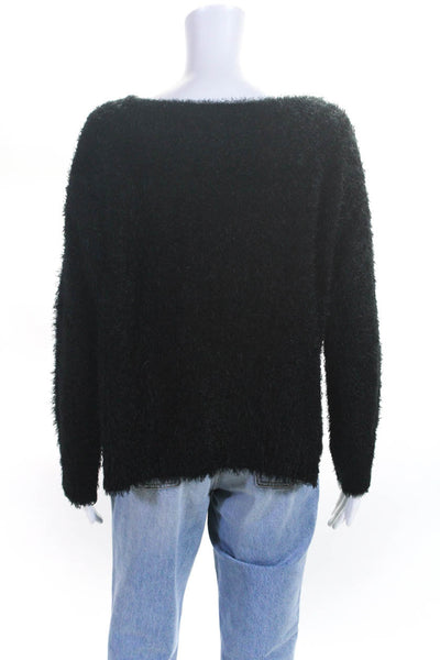 525 America Womens Fuzzy Knit Crew Neck Long Sleeve Sweater Top Black Size S