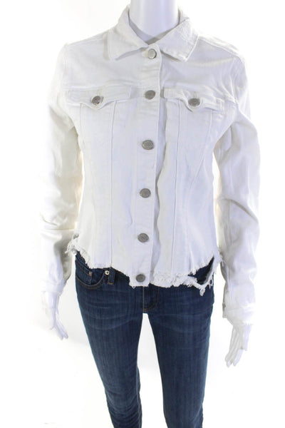 Tractr Womens Button Front Fringe Trim Collared Jean Jacket White Size Medium