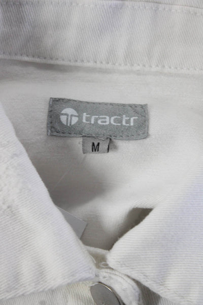 Tractr Womens Button Front Fringe Trim Collared Jean Jacket White Size Medium