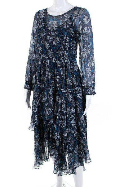 Rebecca Taylor Women's Silk Floral Print Long Sleeve Tiered Dress Blue Szie 0