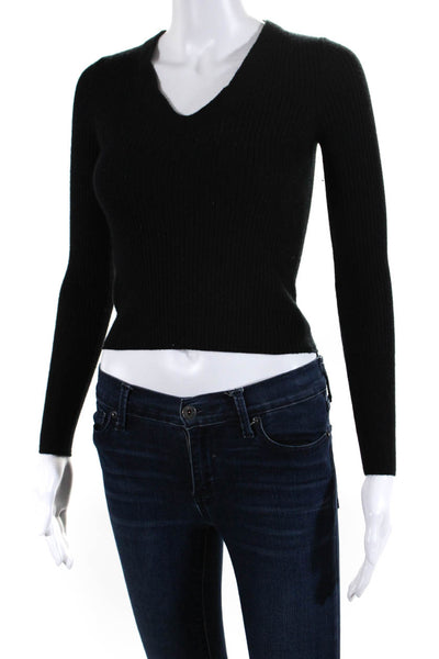 360 Cashmere Women's Ribbed V Neck Pullover Sweater Black Size XS