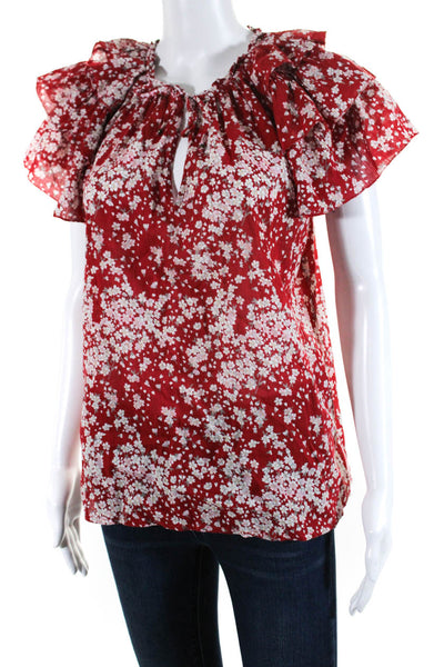 Sundays Womens Floral Print Ruffled Short Sleeves Blouse Red Cotton Size 2
