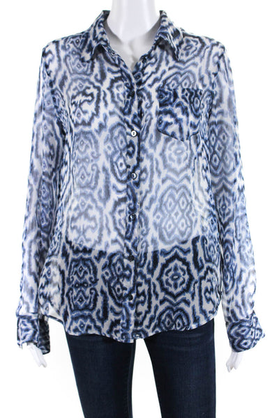 Equipment Femme Womens Silk Printed Button Down Shirt Blue Size Medium