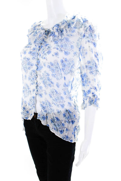 The Kooples Womens Sheer Floral Ruffled Half Sleeved Blouse Blue White Size 1