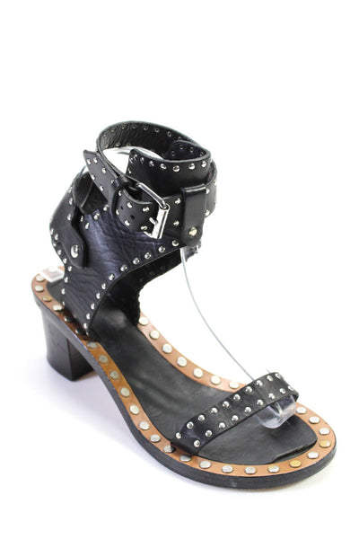 Isabel Marant WOmens Block Heel Studded Ankle Strap Sandals Black Leather 39