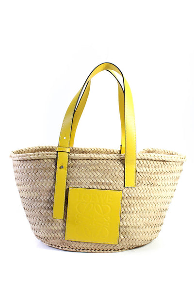 Loewe Women's Leather Handle Basket Weave Shoulder Bag Beige/Yellow Size M
