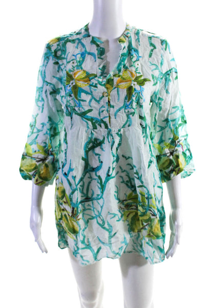 Antica Sartoria Womens Floral Long Sleeved Button Short Dress Green White Size L